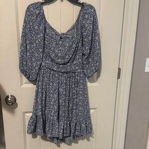 she + sky Floral Blue Dress with Ruffle Hem ties and open back